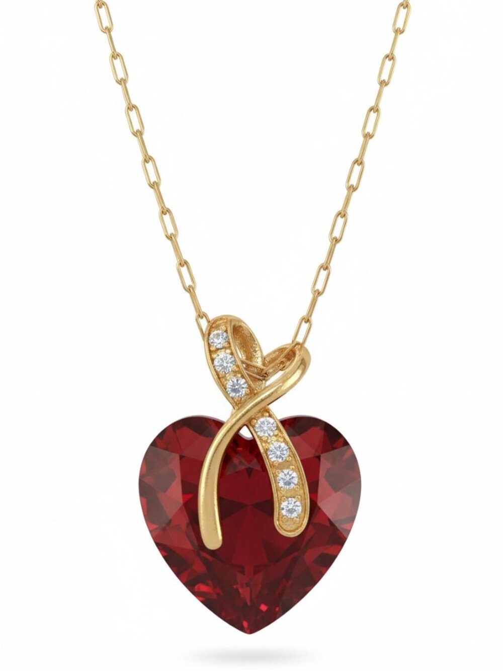 Red CZ Heart W Gold Tie w Rhinestones & Gold chain